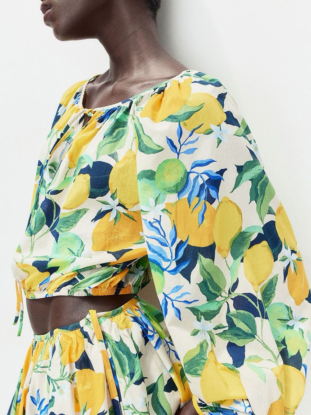 H&M Yellow Lemon Print Balloon-Sleeve Cropped Top